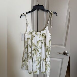 Forever 21 White Tank Top with Green Leaf Print and Tie Straps
